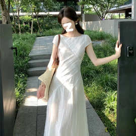 （运补）双层法式优雅短袖连衣裙女2026夏小个子独特漂亮收腰中长