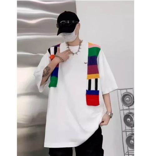 Funkixia Color Block Oversize Design Embroidered Crew Neck Streetwear Loose Short Sleeve T-Shirt for Men and Women