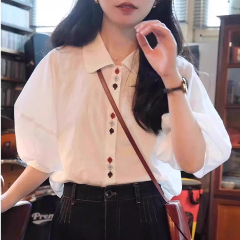 Japanese Artistic Linen Fabric Colorful Button Lantern Sleeve White Short Sleeve Lightweight Breathable Shirt
