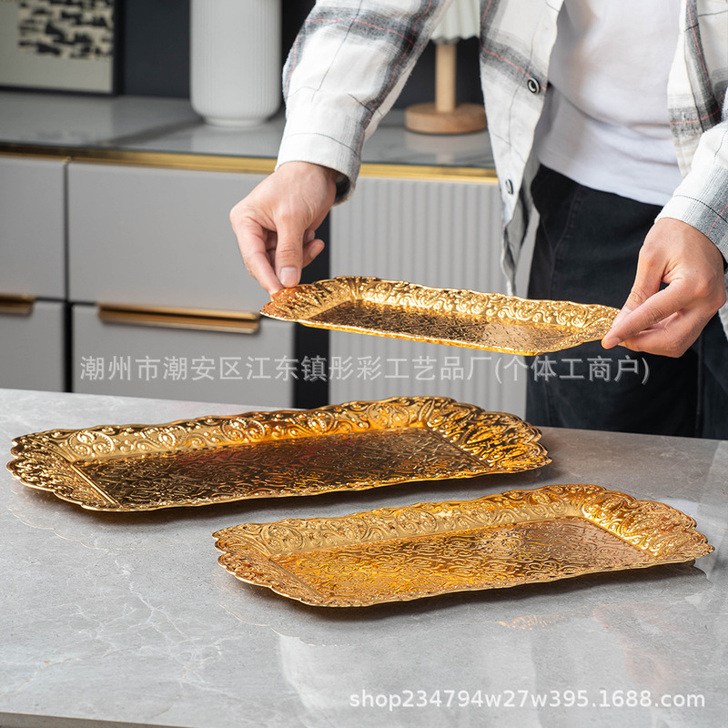 Long Tray Square Large Capacity Golden Carved Flower Fruit Snack Storage Tray Hotel Ktv Party Snack Fruit Tray
