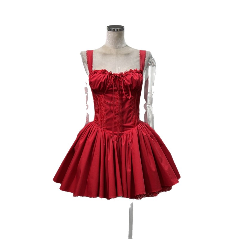 Amazon Girl Sweet Summer 2025 新しいスタイルのレースアップウエストオルガンプリーツバレエスタイルドーパミンドレス|undefined