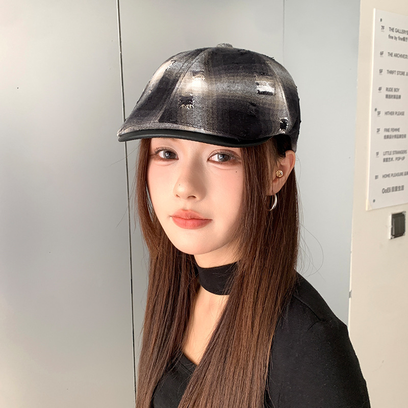 做旧破洞前进帽子女秋冬季格纹皮檐鸭舌贝雷帽英伦复古画家报童帽|undefined
