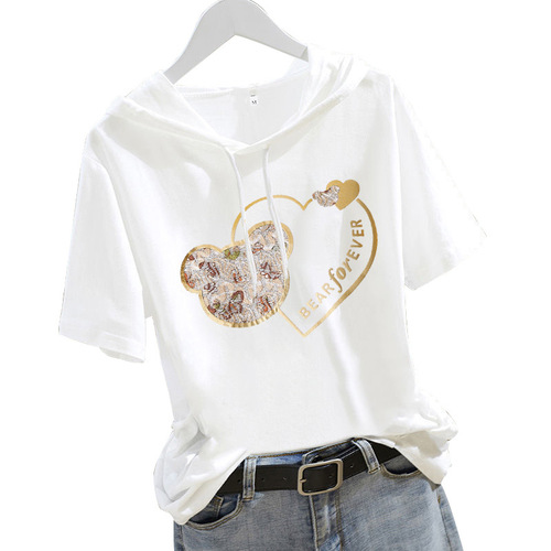 Women's Hooded Sweatshirt 2025 Short Sleeve Summer Top Ins Super Hot Sweatshirt Loose White T-Shirt Trendy