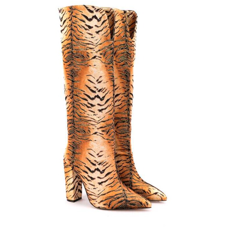 European and American Export Pointed Toe V-Mouth Brown Tiger Pattern Knee-High Boots Thick Heel Gold Velvet Sleeve High Heel Elastic Straight Boots