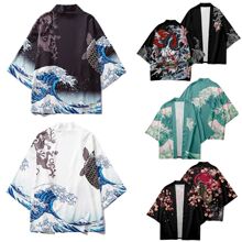 跨境春夏热销日式浮世绘开衫和服海鲤鱼创意海浪羽织披风道袍批发
