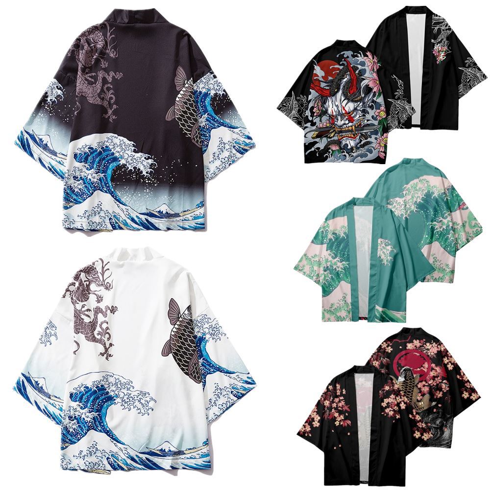 跨境春夏热销日式浮世绘开衫和服海鲤鱼创意海浪羽织披风道袍批发