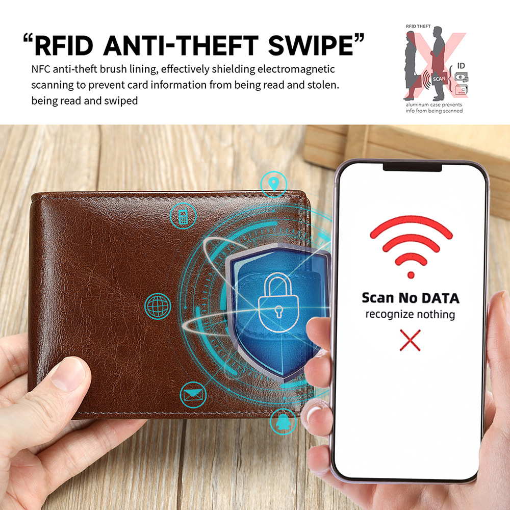 Ví nam gập mini da bò thật cao cấp, nhiều ngăn thẻ RFID, kiểu dáng mỏng nhẹ — Đen, Nâu, 12*2.5*9.5cm