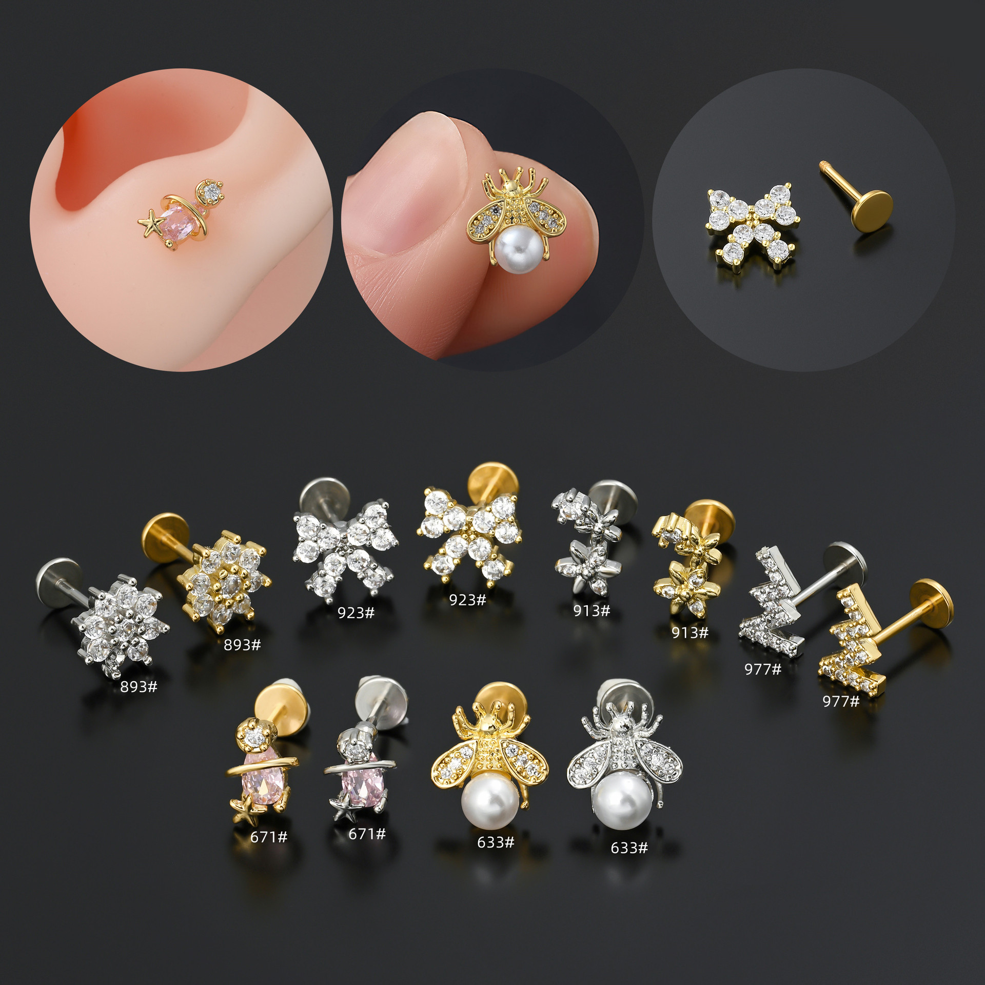 Cross-border Amazon best-selling stainless steel rod piercing lip nail micro-encrusted zircon geometric creative lip ornaments directly supplied from the manufacturer