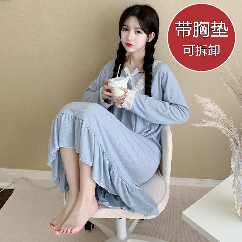 2024 pijama de otoño delgado de manga larga de punto de algodón cojín de pecho pijama encaje dulce de pijama ropa para el hogar