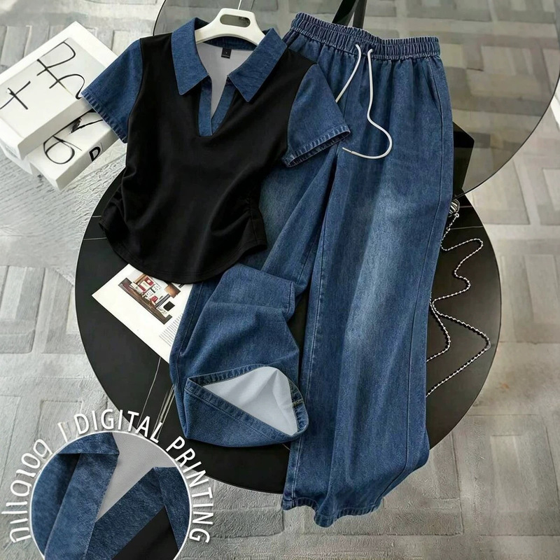 Exclusive cross-border supply of faux denim printed T-shirt and pants, new summer slim-fit niche versatile women's two-piece set Exclusive cross-border supply of faux denim printed T-shirt and pants, new summer slim-fit niche versatile women's two-piece set