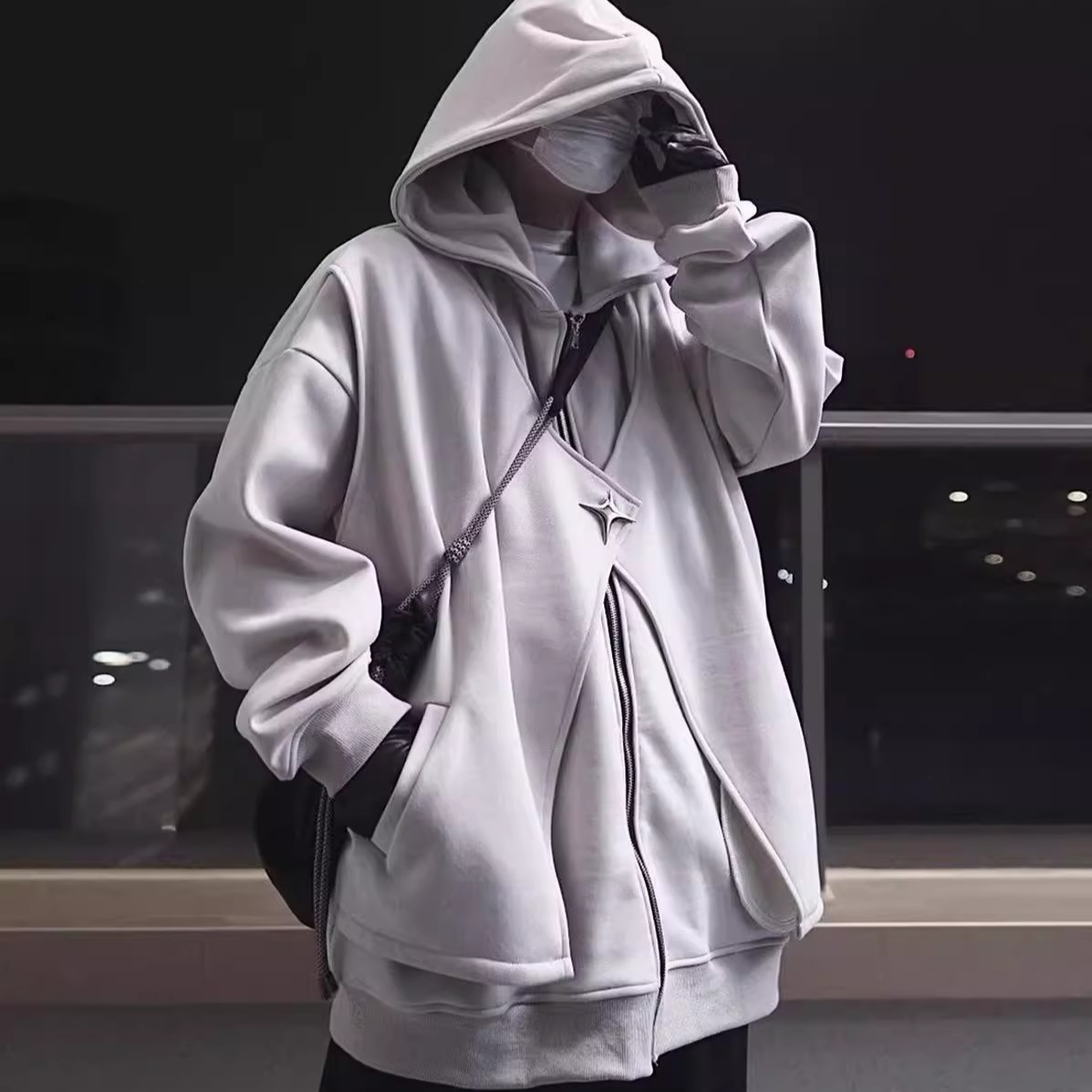 Nueva marca de moda americana suéter de rebeca con capucha ancha negra primavera y otoño para hombre chaqueta deportiva casual