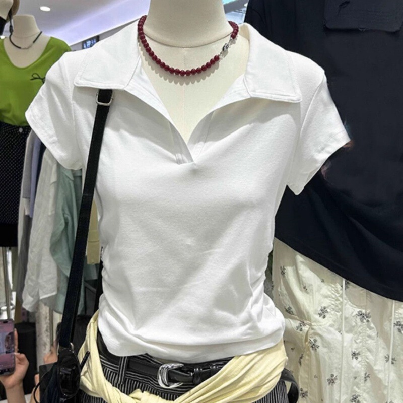 Pure Cotton Polo Shirt with Regular Shoulders, Short Sleeves, Irregular Collar, Slim Fit, Stylish Waist-Cinching Top for Women, Summer