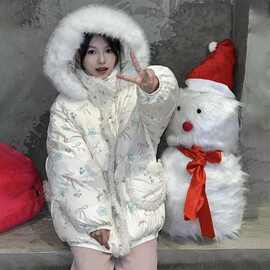 毛领设计连帽卡通印花面包服棉衣女2025冬季新款加厚保暖棉服外套