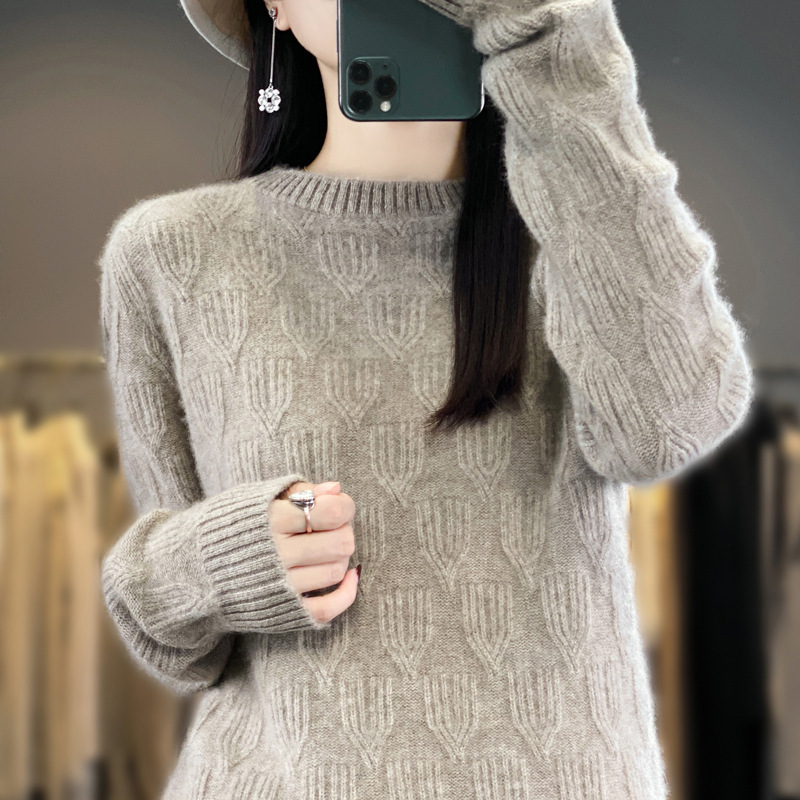 2025秋冬新款套头毛衣洋气宽松树叶图案针织衫女圆领加厚打底衫冬|undefined