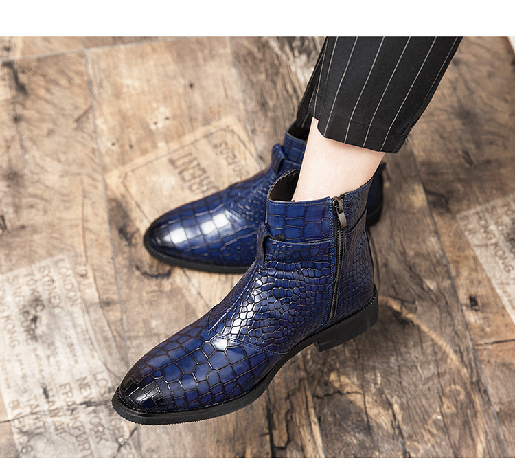 Pointed toe men's leather boots with crocodile pattern leather shoes