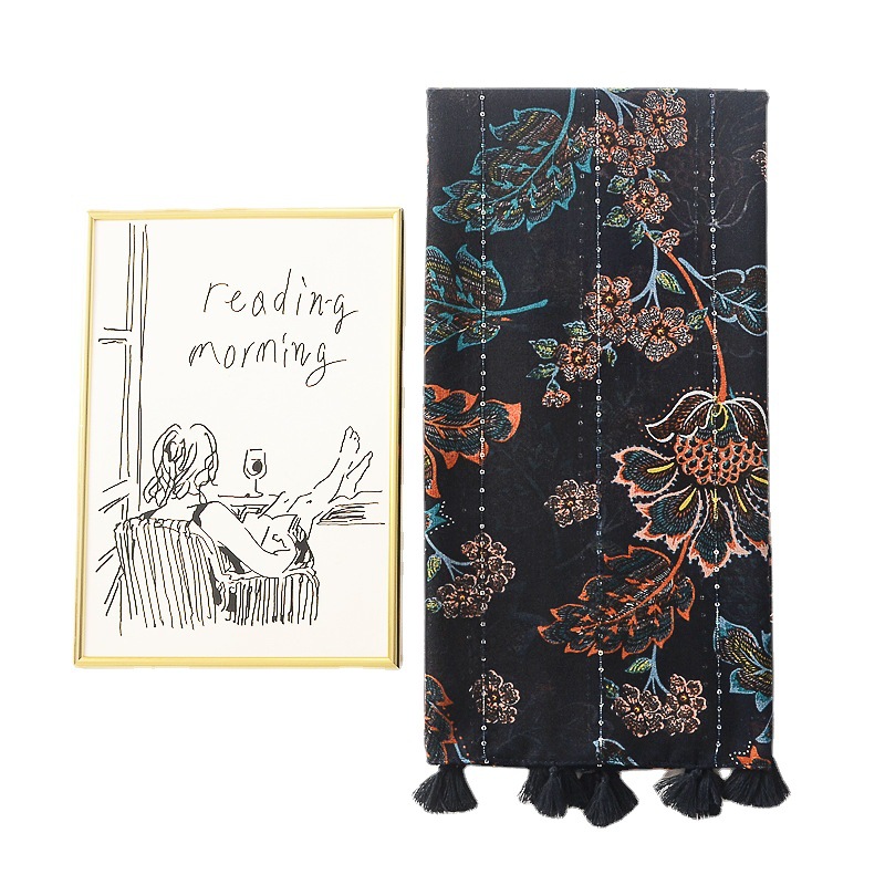 Cross-border retro color sólido floral lentejuelas impresión decorativa de algodón y lino sensación bufanda borla bufanda delgada chal de viaje