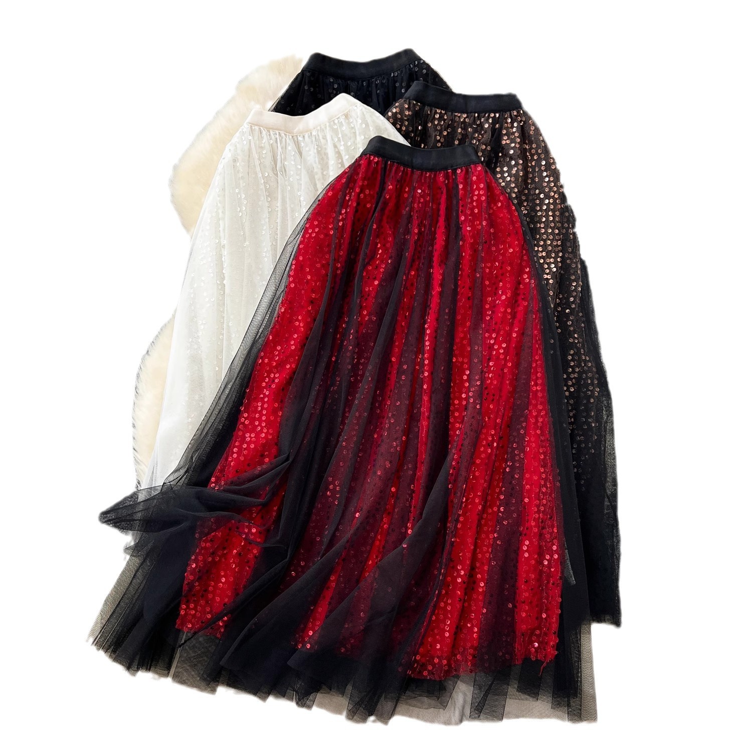 Women's Clothing Fairy Mesh Skirt Winter Elastic Waist Slimming Medium Sequin Velvet Splicing A Line Skirt_voghion.com