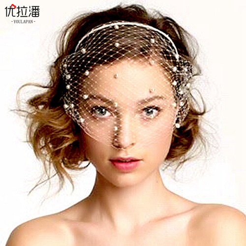 Ulapan European and American pearl veil beaded mesh headband bridal headdress short prom party accessories VA08