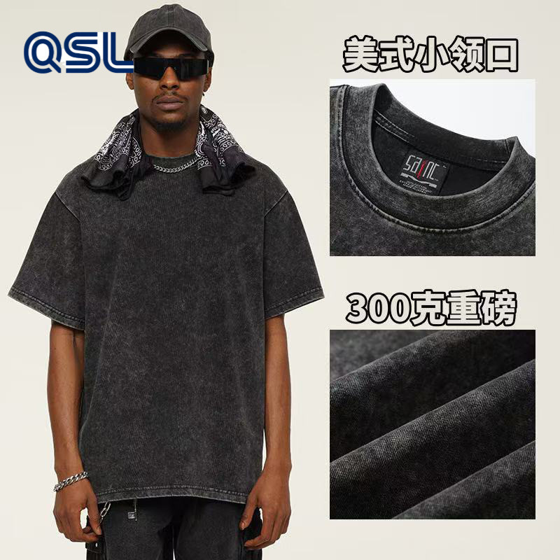 Europa y los Estados Unidos 300G pesado cuello redondo hombro caído camiseta de manga corta para hombres Europa y los Estados Unidos marca de moda de gran tamaño retro lavado con agua hacer camiseta vieja