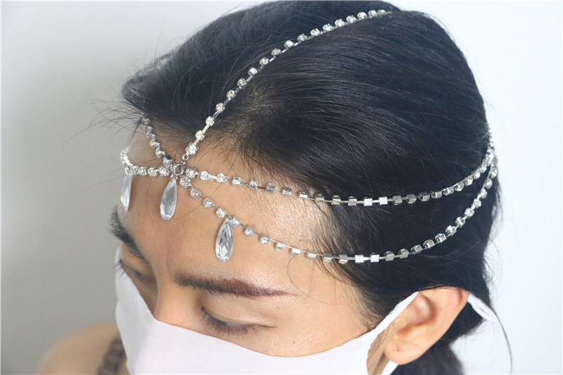 YL2518 European and American Hair band drop-shaped gem pendant rhinestone single row diamond chain headband hair accessories headband_voghion.com