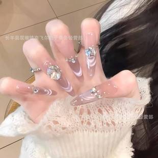Summer Wear Nails 2025 New High-End Handmade Nails Purple Cat Eye Long Thin Dog Nail Art Patch