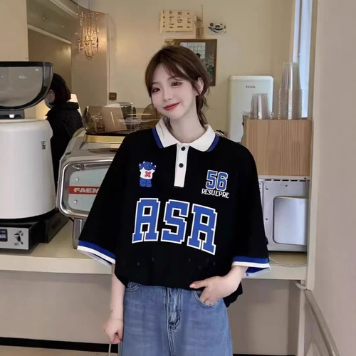 2025 American Street Style Polo Shirt Short-Sleeve T-Shirt for Women Summer Loose Trendy Instagram Original Style Hong Kong Flavor Half-Sleeve Ultra Hot Top