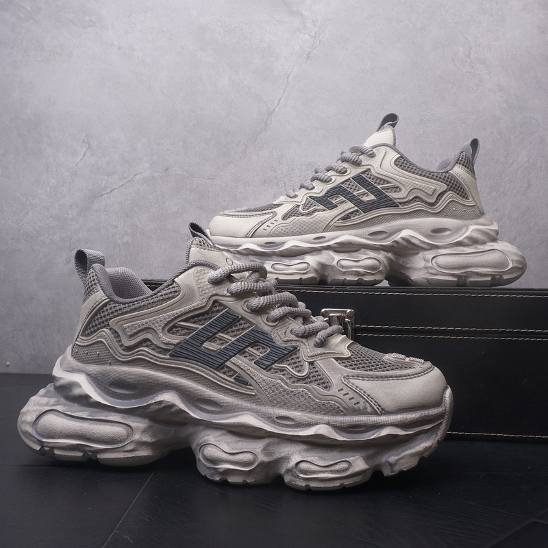Vintage distressed breathable mesh shoes, retro-style trendy versatile thick-soled height-increasing sports casual shoes, men's dad shoes