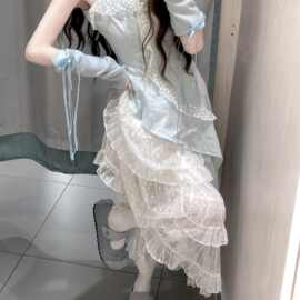 半身裙两件套装荷叶边吊带上衣连衣裙女气质甜美蛋糕雪纺裙性感