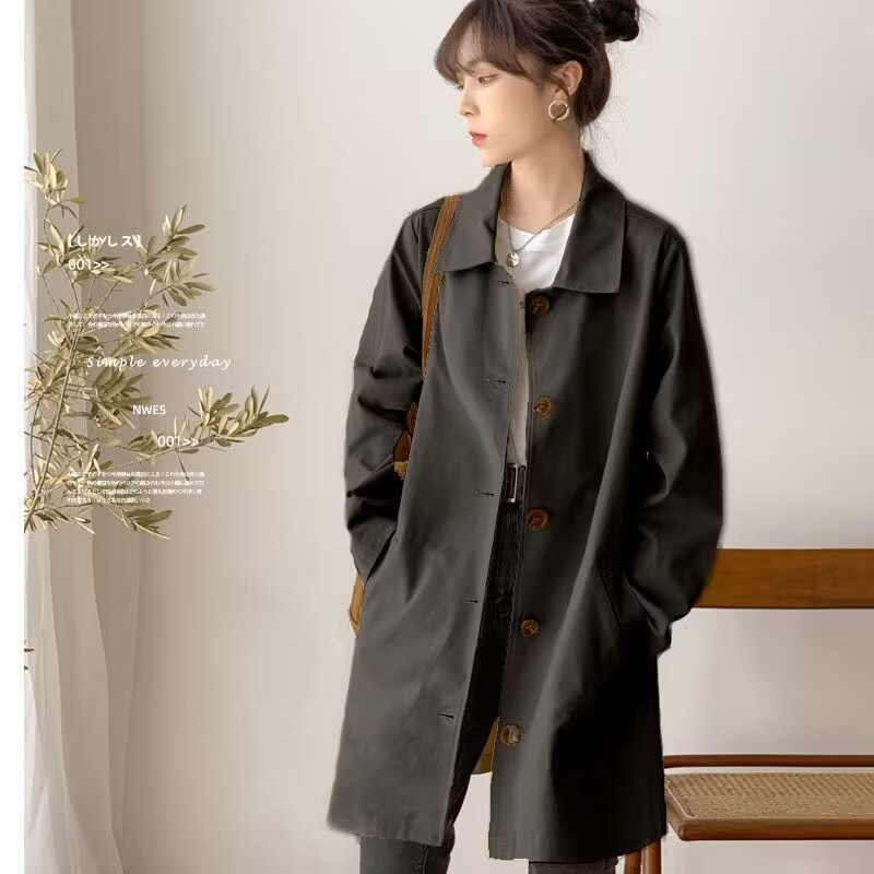 Trench coat Women's Mid-length simple early spring and autumn top women's Korean-style loose student solid color all-matching coat fashion ins