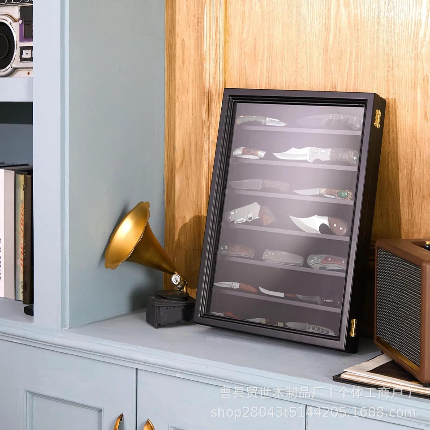 跨境木质纪念币收纳架壁挂刀具收藏架墙壁多层口袋刀展示盒硬币盒