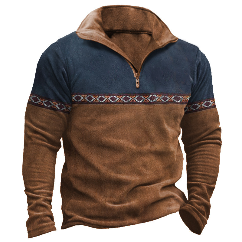 Cross Border plus size Vintage Stitching Polo Shirt Zipper Sweater Daily Outdoor Casual Top