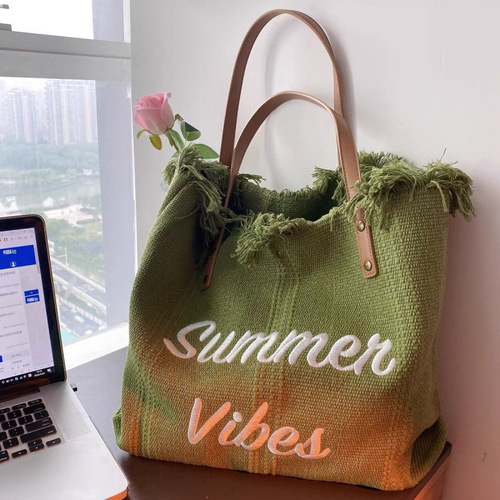 Large Capacity Canvas Bag Embroidered Letter Tote Bag Handbag Women's Woven Beach Bag Crossbody Bag
