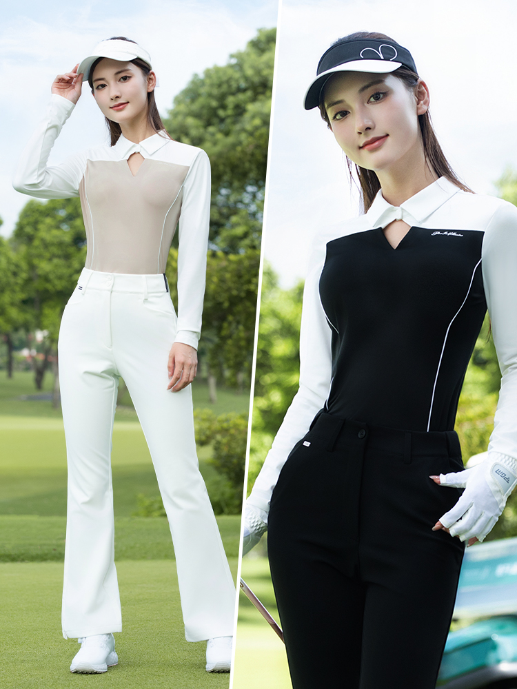 Áo golf nữ dài tay mềm mại cao cấp PGM — Tay áo dài màu đen [đường viền cổ rỗng/trang trí đường nét/in tinh tế] YF836