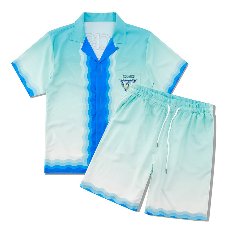 Trendy Retro Hawaiian Casual Short-Sleeve Set Gradient Color-Blocking Printed Shirt Beach Cardigan Men's Summer Trendy Retro Hawaiian Casual Short-Sleeve Set Gradient Color-Blocking Printed Shirt Beach Cardigan Men's Summer