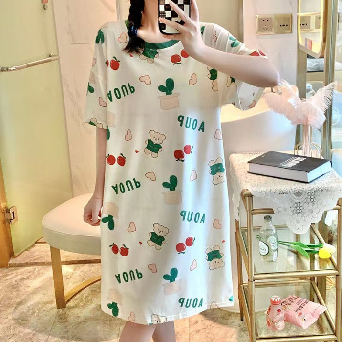 El comercio exterior de verano pijamas cuello redondo jersey de media longitud camisón de las mujeres lindo dulce flojo delgado de seda de leche ropa para el hogar