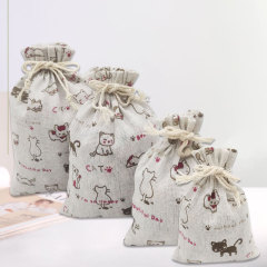 Cotton drawstring pouch with cartoon print, cotton and linen bag, wedding party gift bag, jewelry and candy storage pouch