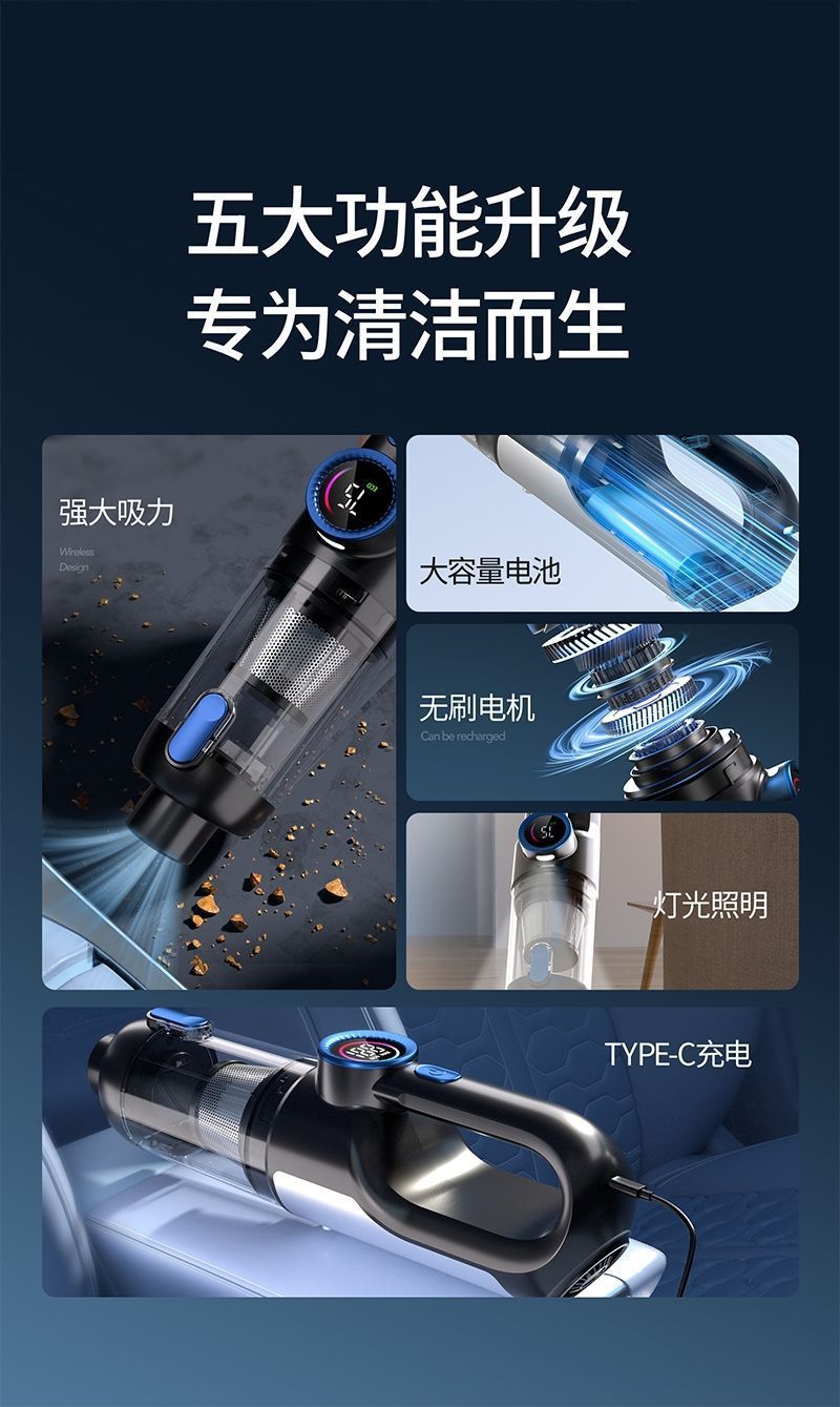Car vacuum cleaner with super powerful suction, wireless handheld small portable vacuum cleaner for cars, with integrated suction and blowing functions