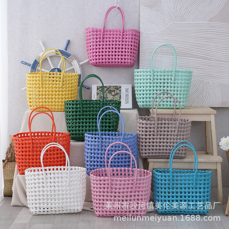 Factory wholesale color hollow woven bag vegetable basket hand gift plastic woven basket handbag handbag