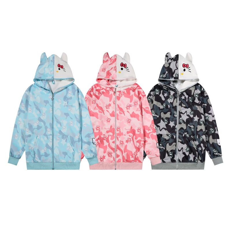 Spring and Autumn Casual Loose American Cute Ears Hello Kitty Full Print Hooded Sweatshirt Jacket Women's Zipper Cardigan