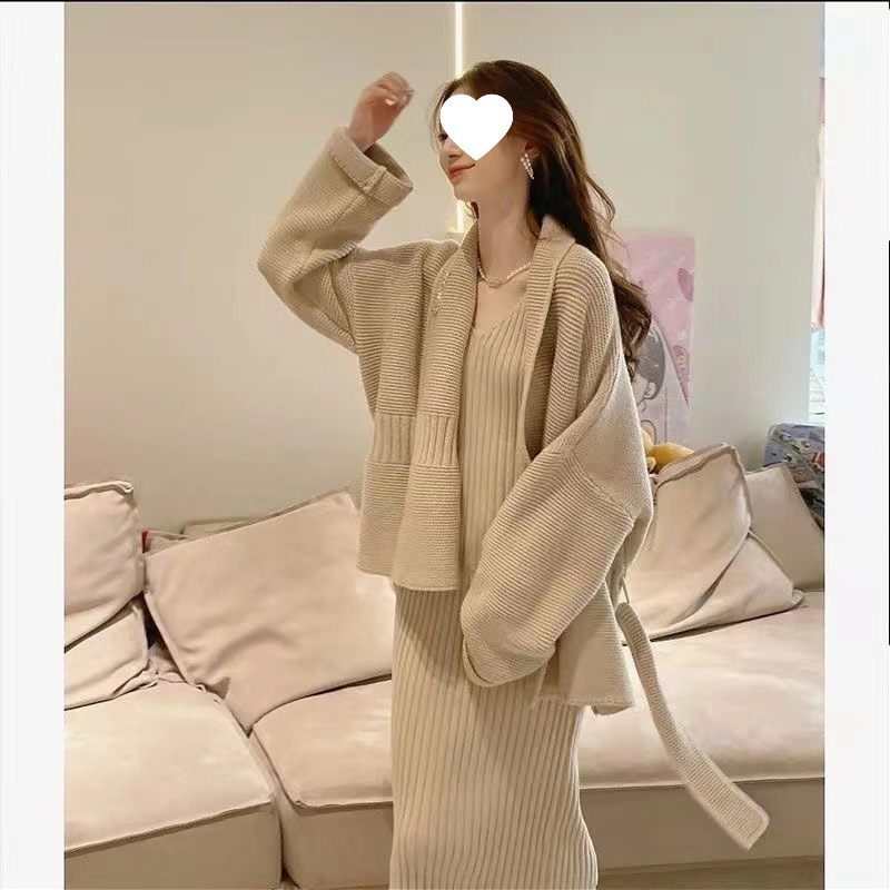 秋季时尚设计感毛衣套装慵懒系带针织开衫外套女V领吊带裙两件套|undefined