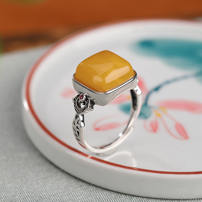 Nhẫn nữ bạc S925 hình vuông họa tiết hươu sáp ong, có thể điều chỉnh — Mở (một kích thước)
