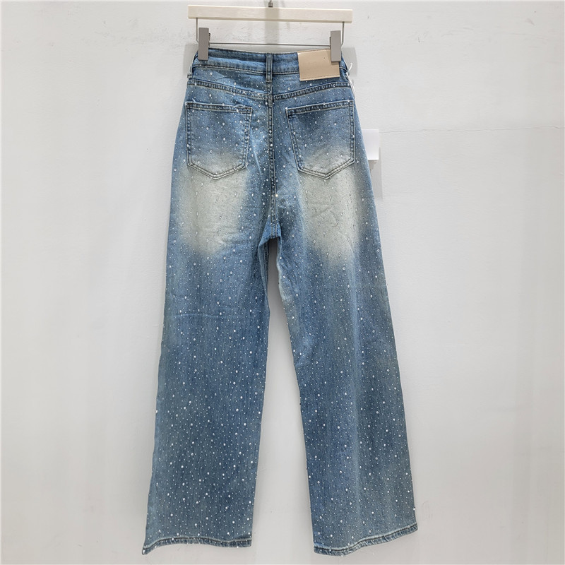 Pantalones Mezclilla Anchos con Pedrería de Mezclilla, Efecto Lavado, para Verano