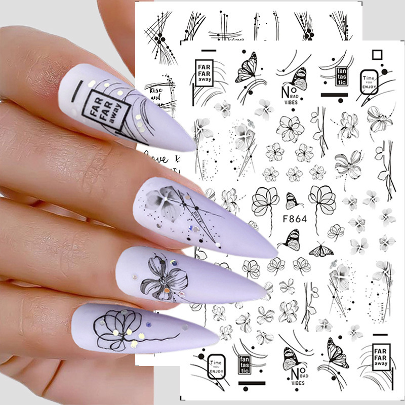 Cross-border New Nail Art Stickers ins Black and White Art Lines Butterfly Flower Leaves 3D Adhesive Nail Stickers