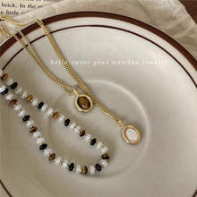 秋冬美拉德虎眼石椭圆吊坠项链高级感气质叠戴石头串珠锁骨链女