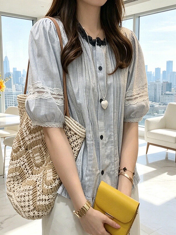 Pleated Lace Embroidered Ruffled Contrast Collar Puff Sleeve Shirt, New Summer Style for Women, Korean Style Versatile Blouse Pleated Lace Embroidered Ruffled Contrast Collar Puff Sleeve Shirt, New Summer Style for Women, Korean Style Versatile Blouse