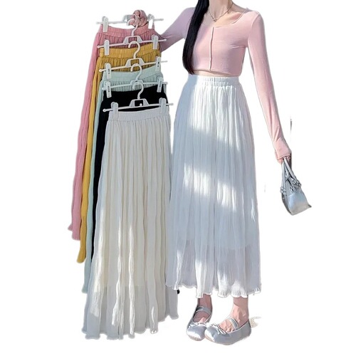 Summer Pleated Half-Body Skirt 2025 High-Waisted Pleated Skirt Large Swing Umbrella Skirt Mid-Length Fashion Sheer Dress