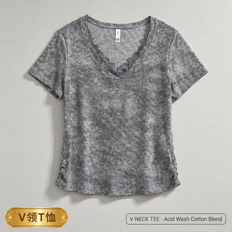 V-Neck Lace-Trimmed T-Shirt, Quick-Drying, Cool, Soft, Skin-Friendly, Stretchy, Comfortable, Stylish Top, Loose Fit, Commuter Style, Short Sleeves