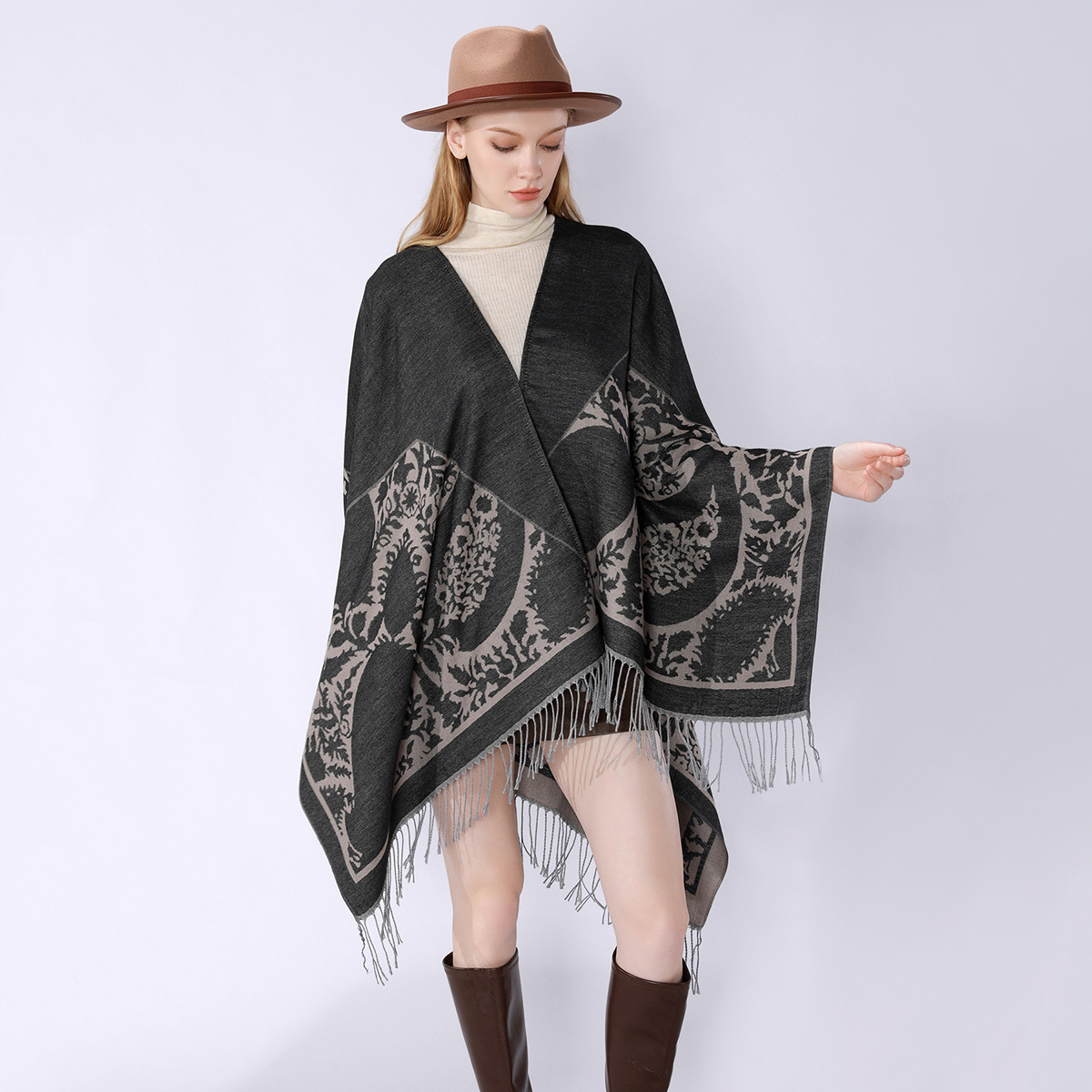Nuevos productos transfronterizos de otoño y invierno con patrón de bordas simple, cardigan de moda europea y americana, abrigo cálido para mujeres