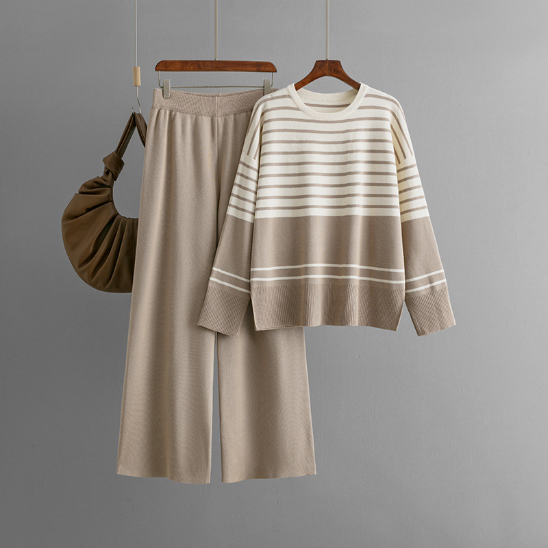 546g Weight Long Sleeve Sleeve Length Adhesive Fiber, knit Fabric Type Pant Co-ord Set Sets Type 2 Pieces Set Quantity Holiday, Daily Occasion Round Neck Neckline Loose Fit Type Stripe Pattern Winter, Autumn Season Women's Gender Casual, Simple Style Style Holiday Daily Women's Casual Simple Style Stripe Adhesive Fiber Knit Pant Co-ord Set Pants Sets 5