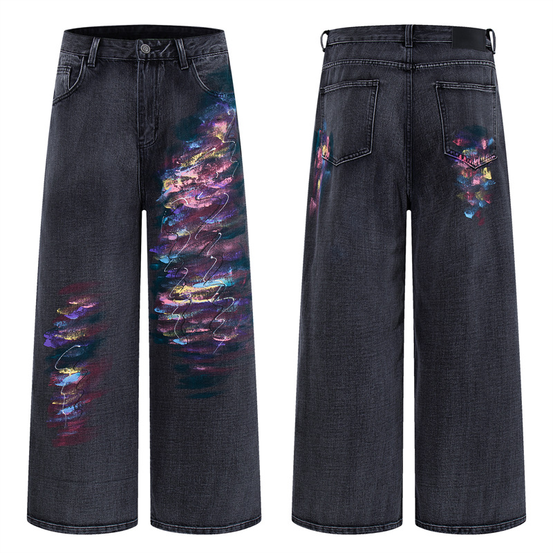 Men's Distressed Straight Leg Jeans Artistic Street Style Black Gray Oil Painting Pattern Casual Normcore mid Waist Zipper Fly_mkmklike.com